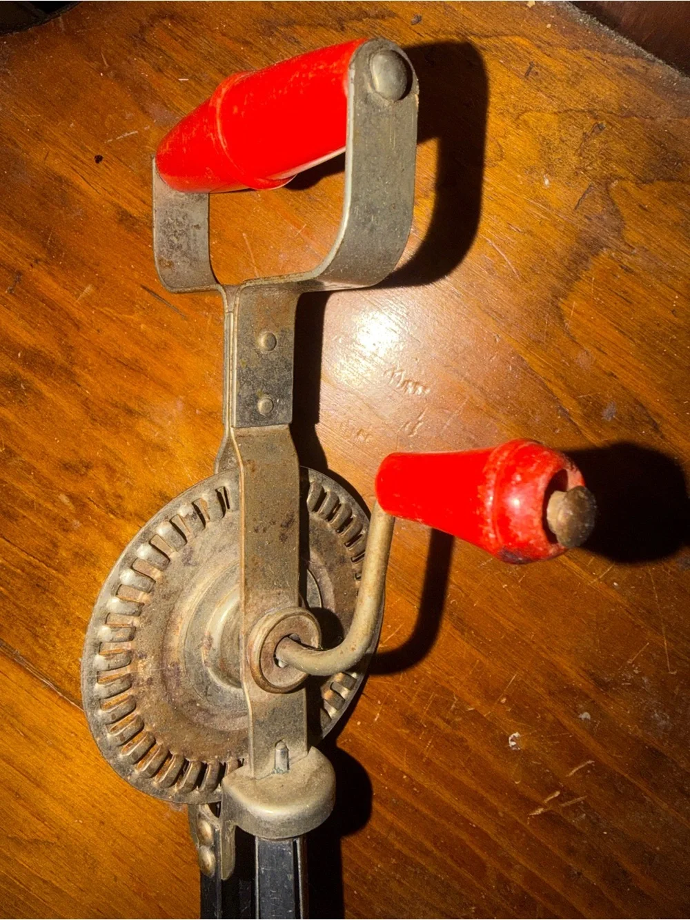 Vintage Hand-Crank Egg Beater with Red Handles